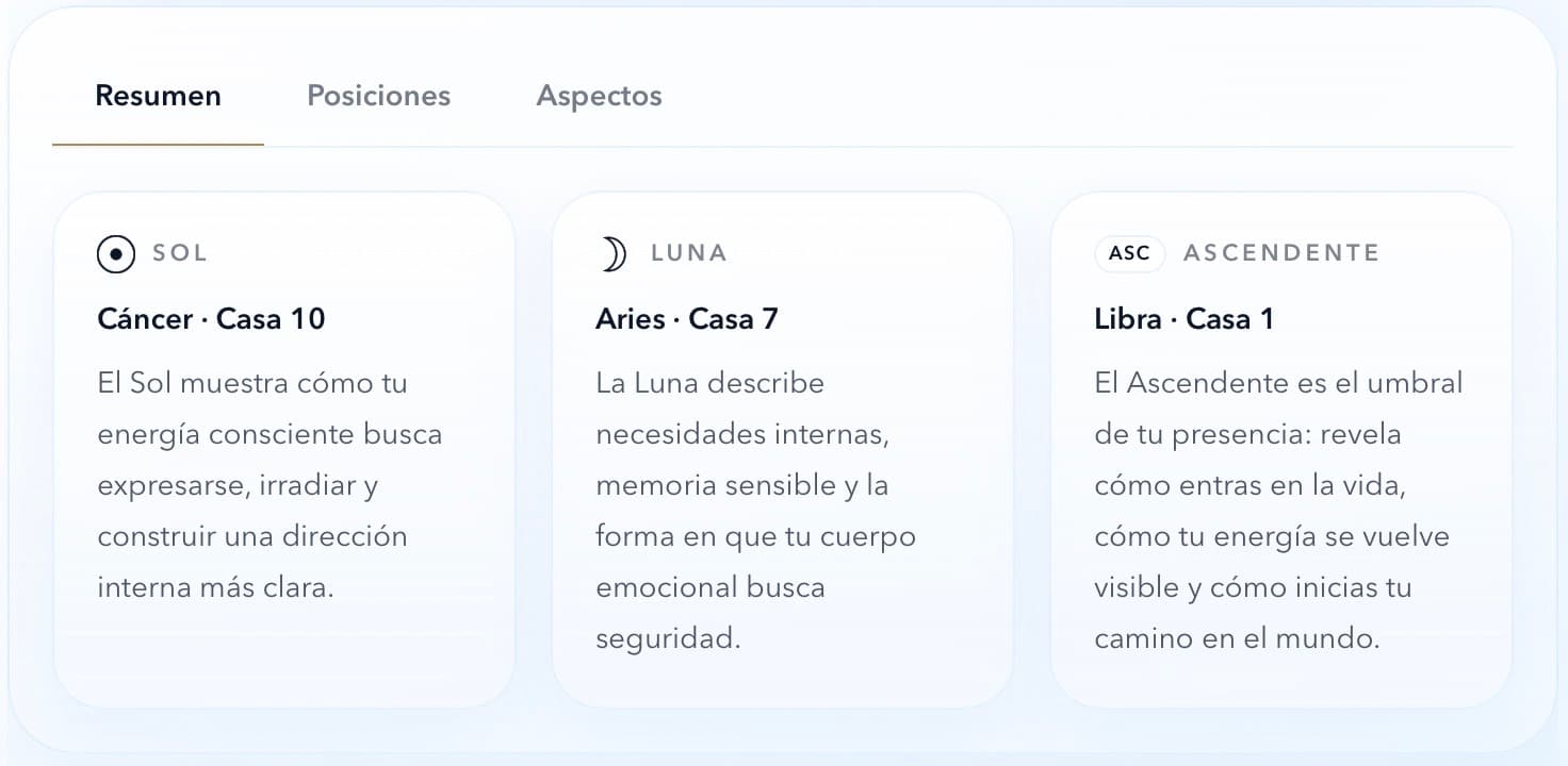 Screenshot real de Build 1 con resumen de carta natal en Celestial Nexus.